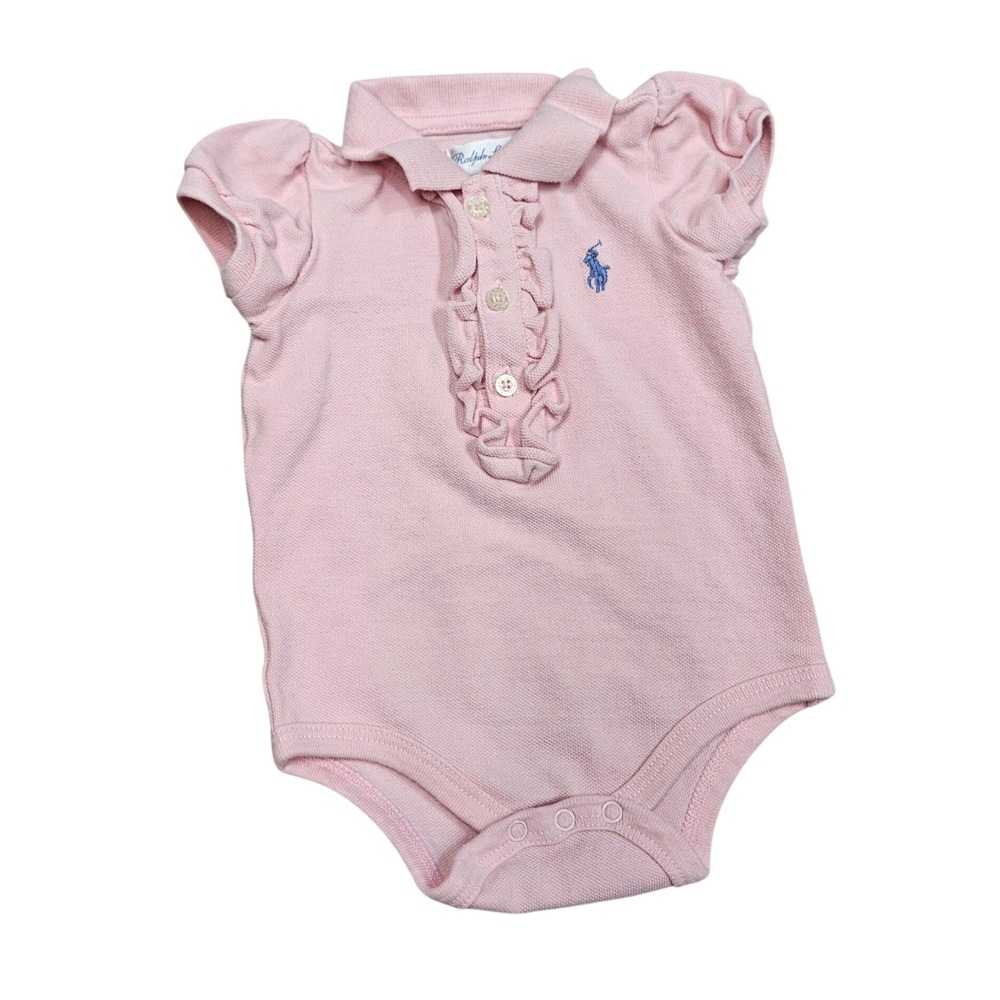 Ralph Lauren Polo Bodysuit Baby Girl 3M Pink Ruffle Short Sleeve Preppy Classic